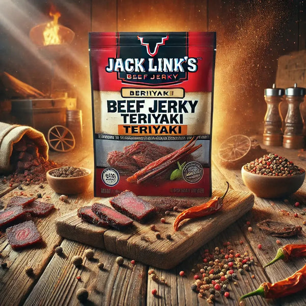 Jack Link's Beef Jerky Teriyaki Medium - Viande séchée de boeuf savamment marinée dans une sauce teriyaki douce et salée, riche en protéines et pleine de saveur, parfaite pour une collation gourmande et nourrissante, dispo sur Bonbiz, la référence des snacks carnés savoureux et exotiques.