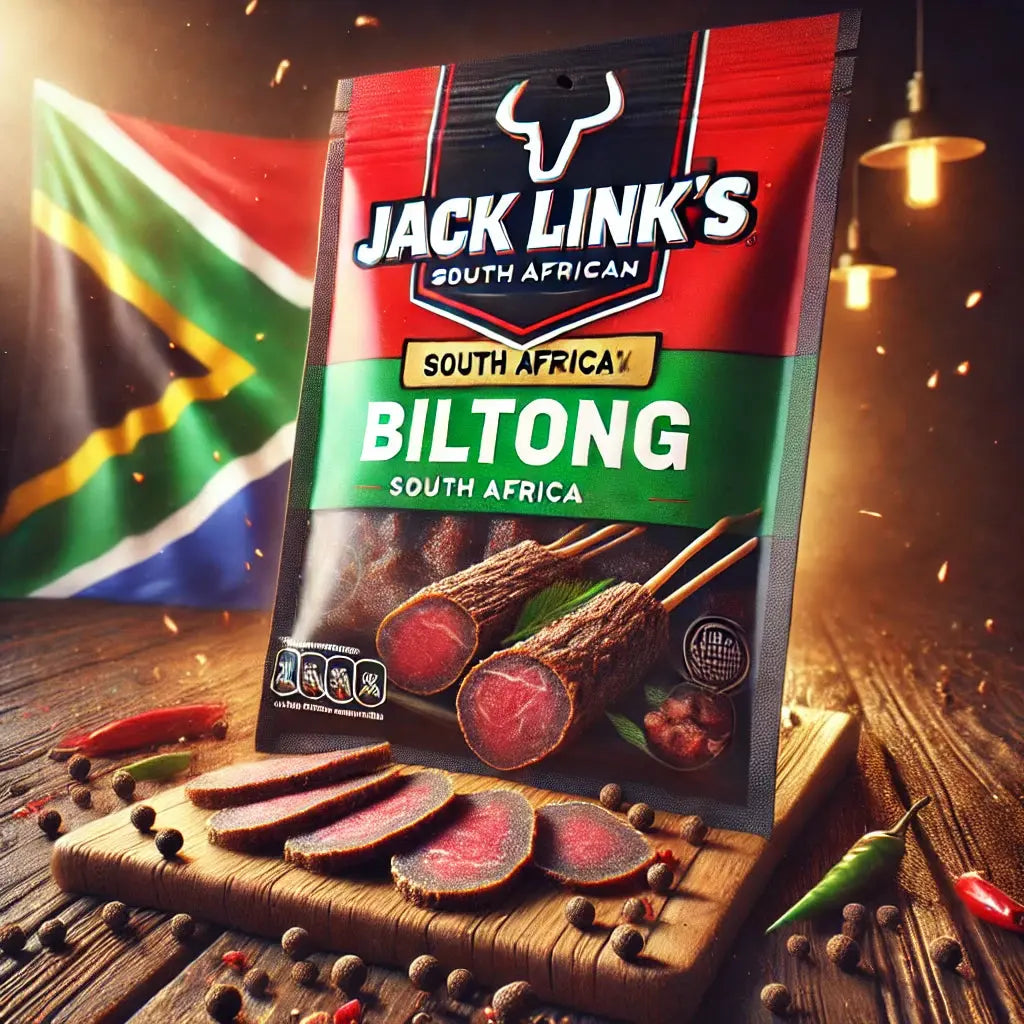 Jack Link's Biltong Medium - Viande séchée de boeuf préparée selon la méthode traditionnelle biltong, saveur riche et épicée, riche en protéines et idéale pour une collation nourrissante, dispo sur Bonbiz, la référence des snacks carnés authentiques et savoureux.