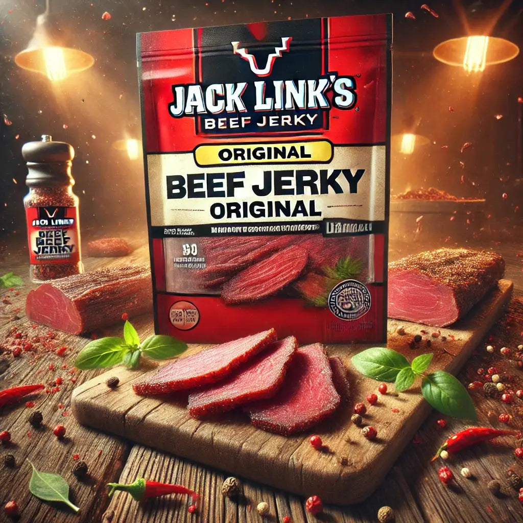 Jack Link's Beef Jerky Original Medium - Viande séchée de boeuf de qualité, saveur classique et légèrement épicée, riche en protéines pour une collation saine et savoureuse, dispo sur Bonbiz, la référence des snacks carnés américains de qualité.