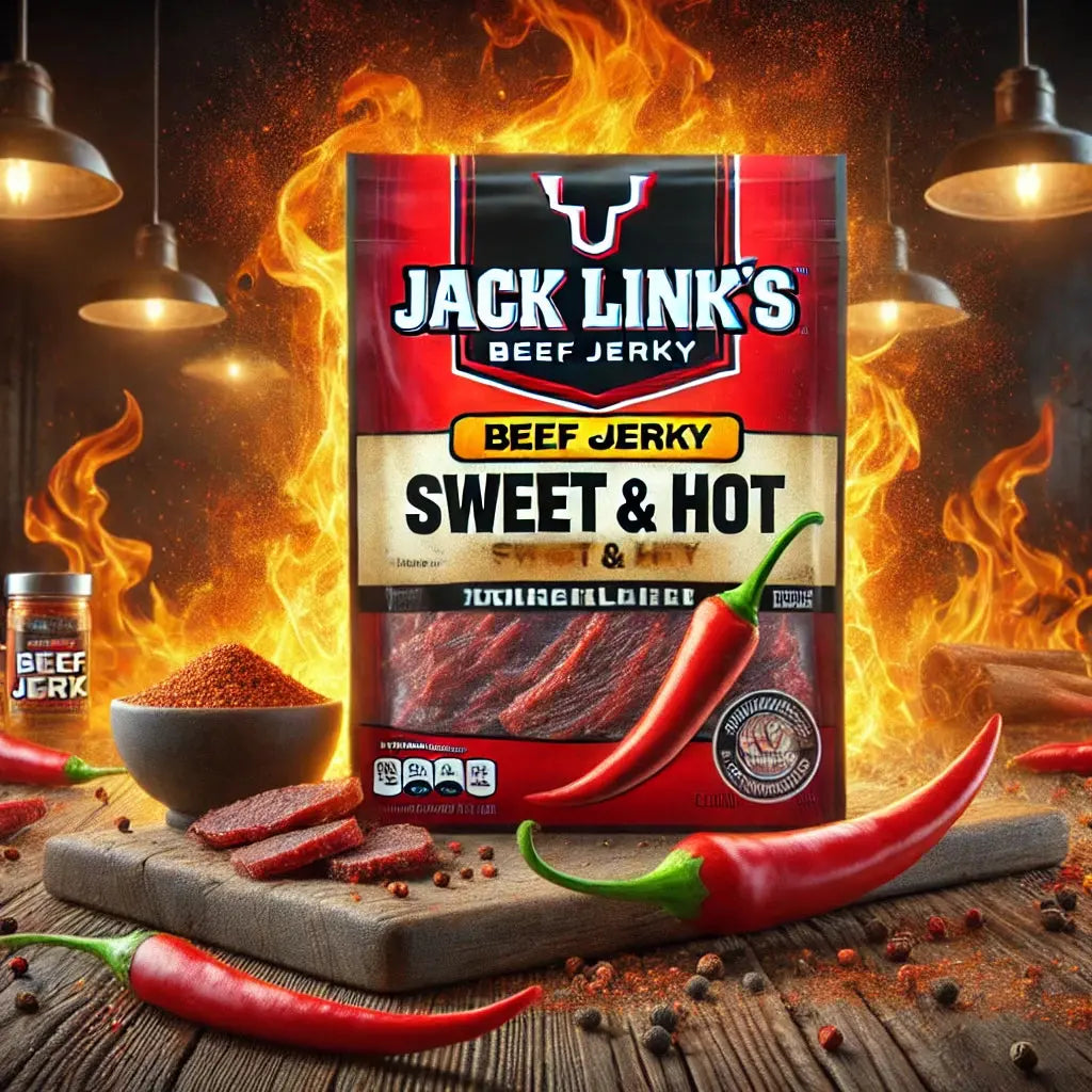 Jack Link's Beef Jerky Sweet & Hot Medium - Viande séchée de boeuf savoureuse, équilibre parfait entre douceur et épices, riche en protéines pour une collation délicieusement épicée, dispo sur Bonbiz, la référence des snacks carnés américains sucrés et épicés.