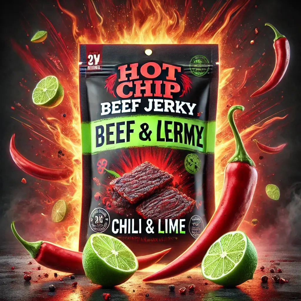 Hot Chip Beef Jerky Chilli & Lime - Viande séchée épicée au piment et à la lime, saveur intense et piquante avec une touche d'acidité, idéale pour une expérience de snack audacieuse et savoureuse, dispo sur Bonbiz, la référence des snacks carnés épicés.