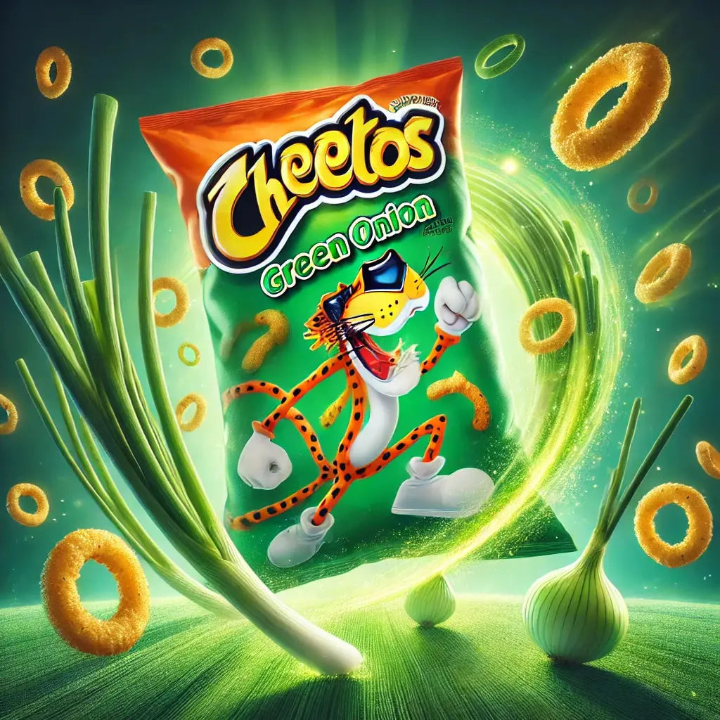 Cheetos Green Onion Big - Snack croustillant au goût d'oignon vert, saveur savoureuse et légèrement piquante, parfait pour une pause gourmande et salée, dispo sur Bonbiz, la référence des snacks américains aux saveurs uniques.