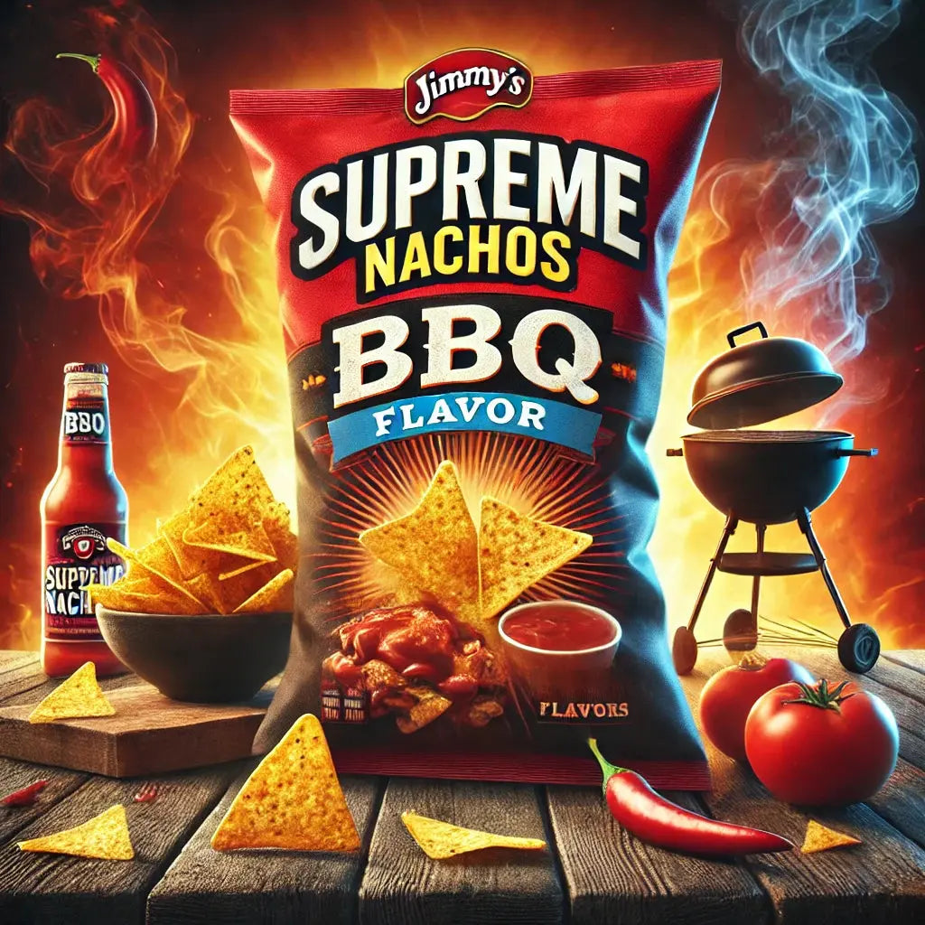 Jimmy's Supreme Nachos Barbecue - Nachos croustillants accompagnés de sauce barbecue savoureuse, une combinaison parfaite de piquant et de douceur, idéal pour une collation gourmande et audacieuse, dispo sur Bonbiz, la référence des nachos épicés et savoureux.