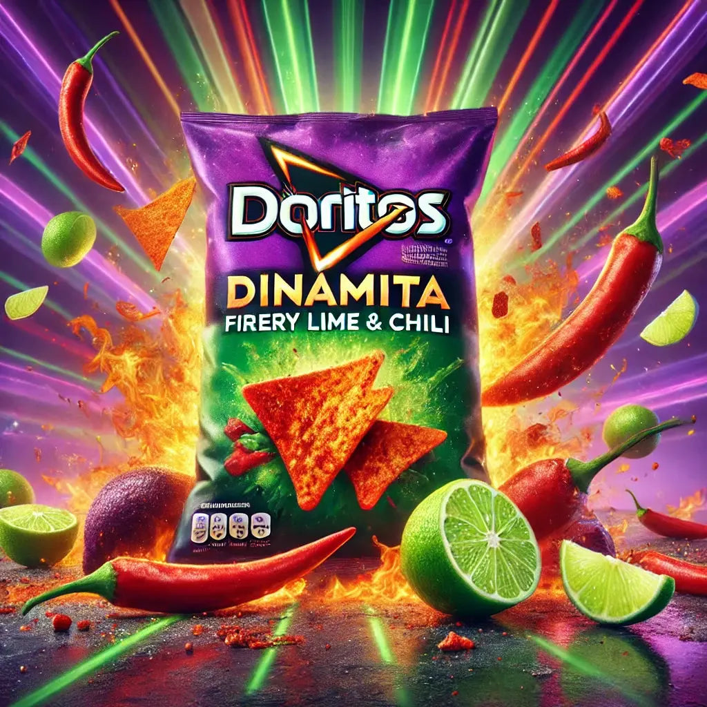 Doritos Dinamita Fiery Lime and Chilli - Snacks épicés en forme de rouleau, saveur piquante de chili et lime, une explosion de chaleur et de fraîcheur, parfaits pour les amateurs de sensations fortes, dispo sur Bonbiz, la référence des snacks épicés et audacieux.