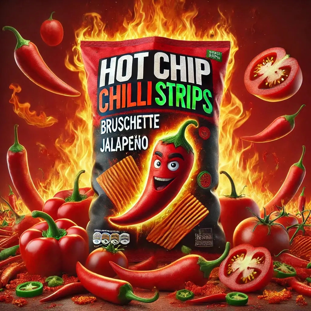 Hot Chip Strips Bruschette Jalapeno - Chips croquantes au goût de bruschetta et jalapeno, saveur épicée et herbacée pour une expérience gourmande et piquante, dispo sur Bonbiz, la référence des snacks épicés et savoureux américains.
