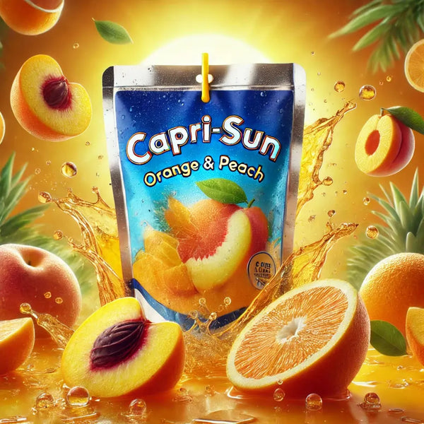 Capri Sun Orange & Peach - Boisson fruitée rafraîchissante à l’orange et à la pêche, saveur douce et vitaminée, idéale pour une pause désaltérante et gourmande, format pratique à emporter, dispo sur Bonbiz, la référence des boissons américaines tendance.