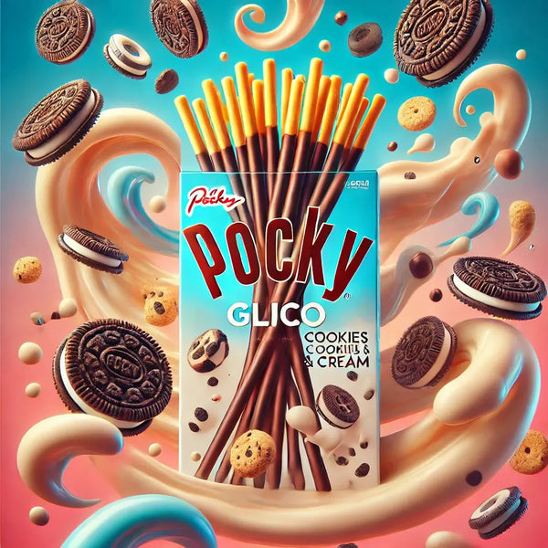 Pocky Glico Cookies & Cream - Biscuits japonais croustillants enrobés d'une crème onctueuse aux éclats de cookies. Un snack gourmand avec un packaging attrayant, entouré de biscuits Oreo et tourbillons de crème pour une expérience sucrée irrésistible.