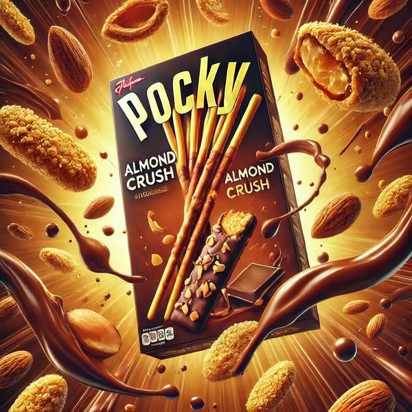 Pocky Glico Almond Crush - Biscuits japonais croustillants enrobés de chocolat au lait et d'éclats d'amandes croquants. Un snack gourmand avec un packaging premium, entouré d'amandes entières et de filets de chocolat pour une expérience sucrée et irrésistible.