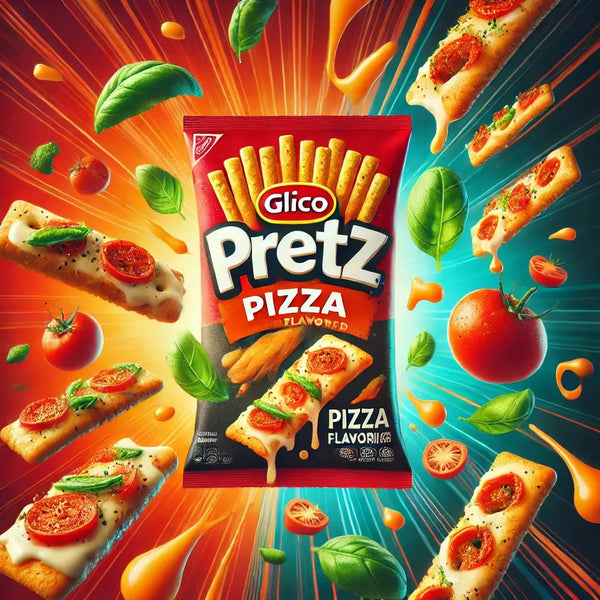 Glico Pretz Pizza - Biscuits salés croustillants à la saveur pizza, enrobés d'épices et d'arômes de fromage fondu. Un snack savoureux avec un packaging attrayant, entouré de tomates fraîches, de basilic et de filets de fromage fondant pour une expérience gourmande unique.