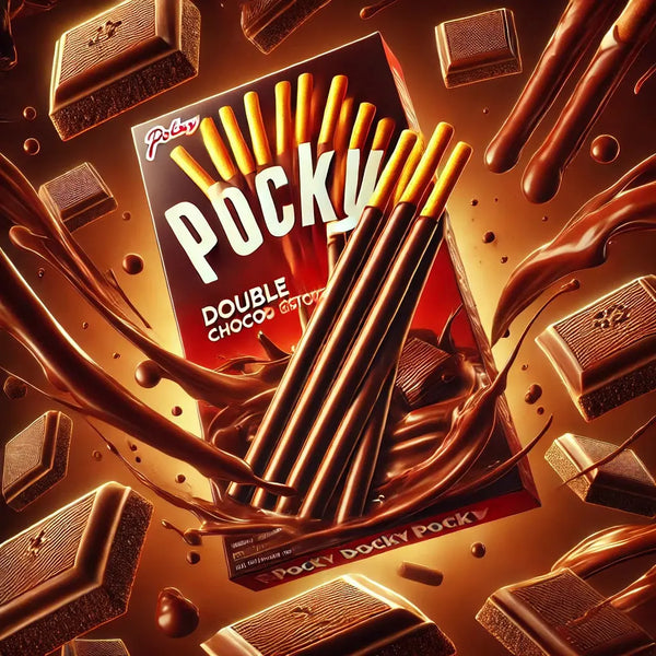 Pocky Glico Double Choco - Biscuits japonais croustillants enrobés d'un double glaçage au chocolat intense. Un snack gourmand avec un packaging attrayant, entouré de morceaux de chocolat noir et de filets de chocolat fondu pour une expérience sucrée et indulgente.