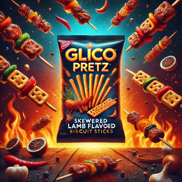 Glico Pretz Skewered Lamb - Biscuits salés croustillants à la saveur d'agneau grillé, enrobés d'épices fumées. Un snack savoureux avec un packaging attrayant, entouré de brochettes d'agneau, de piments et d'herbes aromatiques pour une expérience gourmande et épicée.
