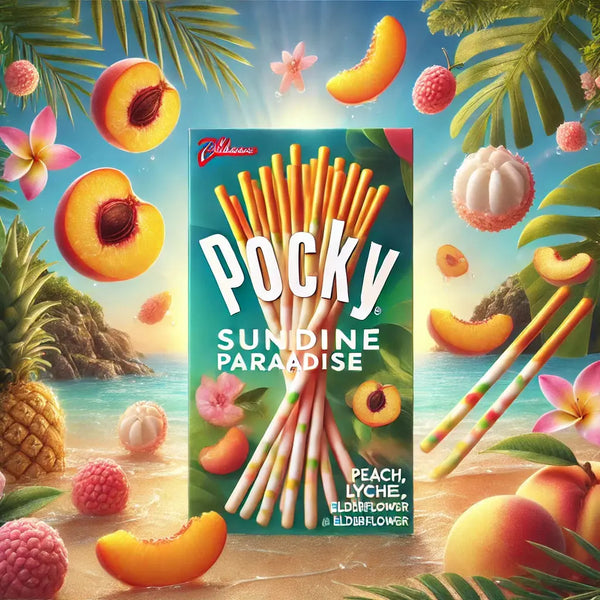Pocky Glico Sunshine Paradise - Biscuits japonais croustillants enrobés d'un glaçage fruité aux saveurs de pêche, litchi et fleur de sureau. Un snack exotique avec un packaging coloré, entouré de fruits tropicaux et d’un décor ensoleillé pour une expérience estivale gourmande.