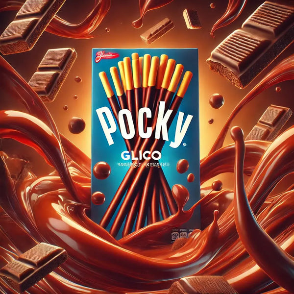 Pocky Glico Chocolate - Biscuits japonais croustillants enrobés d'un glaçage au chocolat onctueux. Un snack gourmand avec un packaging classique, entouré de carrés de chocolat et de filets de chocolat fondu pour une expérience sucrée et intense.