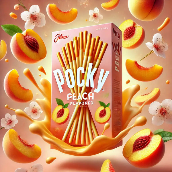 Pocky Glico Peach Flavored - Biscuits japonais croustillants enrobés d'un glaçage crémeux à la pêche. Un snack gourmand avec un packaging élégant, entouré de tranches de pêche juteuses et de fleurs de pêcher pour une expérience fruitée et raffinée.