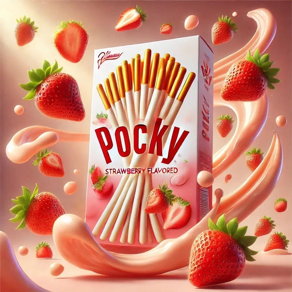 Pocky Glico Strawberry Flavored - Biscuits japonais croustillants enrobés d'un glaçage crémeux à la fraise. Un snack gourmand avec un packaging élégant, entouré de fraises fraîches et de tourbillons de crème à la fraise pour une expérience fruitée et sucrée.