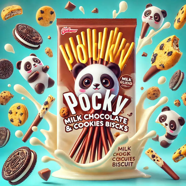 Pocky Glico Milk Chocolate & Cookies - Biscuits japonais croustillants enrobés d'un glaçage crémeux au chocolat au lait et éclats de cookies. Un snack ludique avec un packaging panda, entouré de morceaux de cookies, de chocolat fondant et de touches de lait pour une expérience sucrée et amusante.
