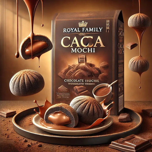 Royal Family Cacao Mochi - Délicieux mochis taiwanais au cacao avec une texture moelleuse et un cœur fondant au chocolat. Un dessert raffiné présenté avec du chocolat fondu, des éclats de cacao et un packaging élégant pour une expérience sucrée et luxueuse.