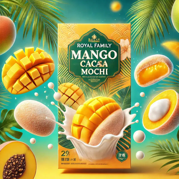 Royal Family Mango Cacao Mochi - Mochis taiwanais moelleux à la mangue avec un cœur fondant au chocolat blanc. Un dessert exotique avec un packaging raffiné, entouré de morceaux de mangue juteuse, de chocolat blanc fondu et d’une texture poudrée irrésistible.