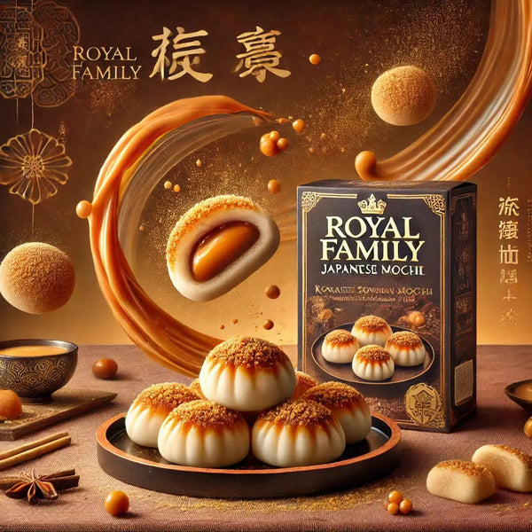 Royal Family Japanese Mochi - Mochis japonais traditionnels enrobés de farine de soja torréfiée (kinako) avec un cœur fondant au caramel. Un dessert authentique et raffiné, entouré de touches asiatiques élégantes, mettant en valeur une texture douce et un goût riche en umami.