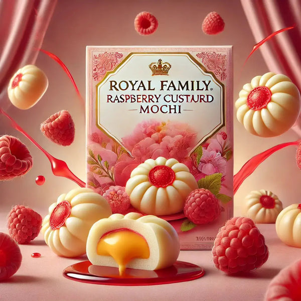 Mochi Custard Framboise Royal Family – Délicieuse pâtisserie japonaise à la framboise avec un cœur fondant à la crème. Une gourmandise asiatique irrésistible aux saveurs fruitées.