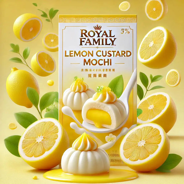Délicieux mochi au citron de la marque Royal Family, fourrés d'une crème onctueuse au citron. Un dessert asiatique gourmand et rafraîchissant, idéal pour les amateurs de saveurs fruitées et exotiques.