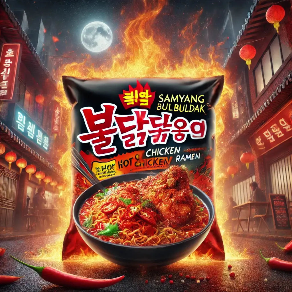 Samyang Ramen Spicy Hot Chicken, un ramen coréen ultra-relevé, avec une sauce buldak épicée et savoureuse, idéal pour les amateurs de nouilles spicy !