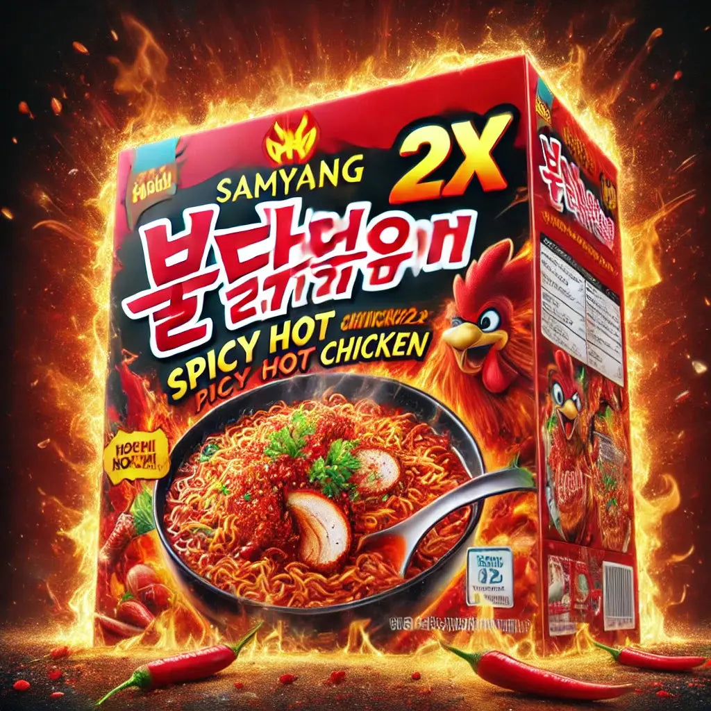 Samyang Buldak 2x Spicy Hot Chicken Ramen – Nouilles coréennes ultra-épicées, packaging rouge avec flammes et mascotte Hochi. Challenge ultime pour amateurs de piquant.
