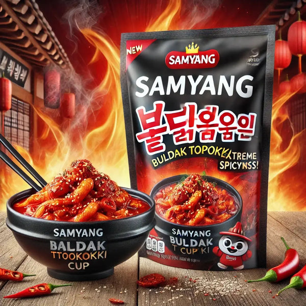 Samyang Buldak Topokki Cup – Délicieux tteokbokki instantané coréen au poulet épicé. Produit importé avec sauce ultra-relevée, idéal pour les amateurs de street food asiatique.