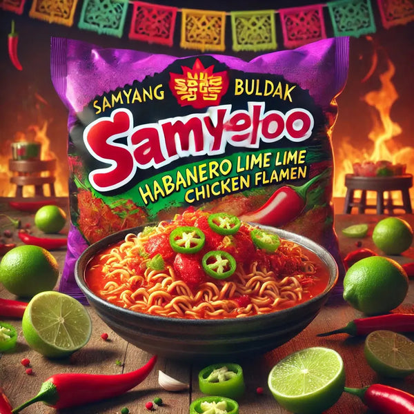 Samyang Ramen Hot Chicken Habanero Lime, des nouilles coréennes ultra-épicées, combinant la chaleur intense du piment habanero et l'acidité du citron vert.