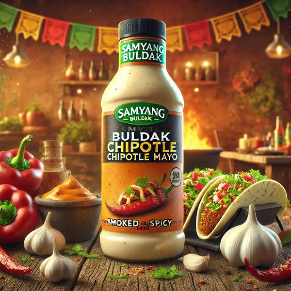 Samyang Mayo Sauce Spicy Chicken Chipotle, une mayo chipotle épicée et fumée, idéale pour accompagner tes burgers, tacos, frites et samyang noodles ! À retrouver sur Bonbiz, ton American & Asian Market en ligne !