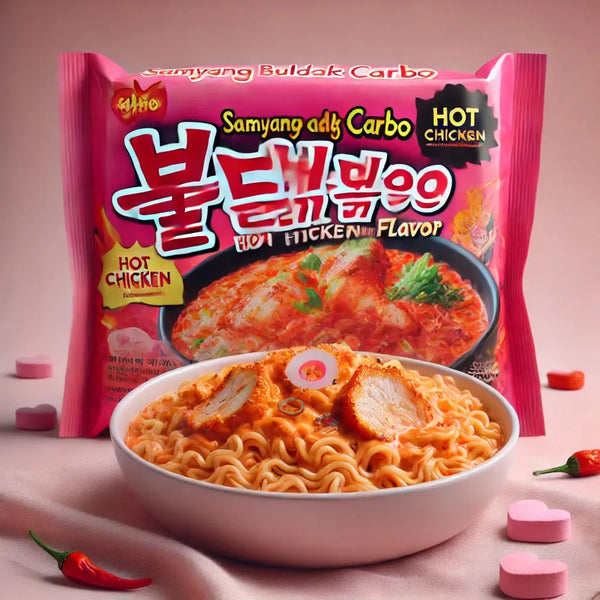 Samyang Ramen Hot Chicken Carbo, des ramen coréens roses ultra-crémeux, combinant le piquant du Hot Chicken Buldak et une sauce carbonara onctueuse ! À retrouver sur Bonbiz, ton American & Asian Market en ligne !