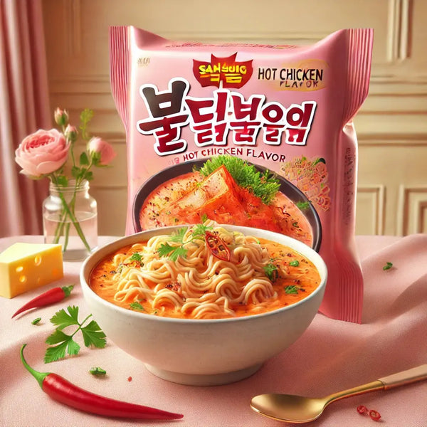 Samyang Ramen Hot Chicken Buldak Rosé, des nouilles instantanées coréennes avec une sauce rosé onctueuse et épicée au Hot Chicken ! À retrouver sur Bonbiz, ton American & Asian Market en ligne !