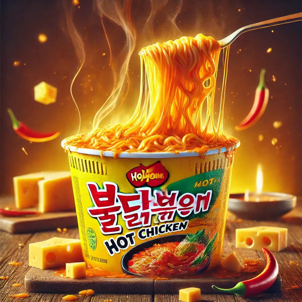 Samyang Ramen Bowl Hot Chicken Cheese Big, des ramen coréens ultra-épicés, avec une sauce au fromage onctueuse et du poulet pimenté ! À retrouver sur Bonbiz, ton American & Asian Market en ligne !