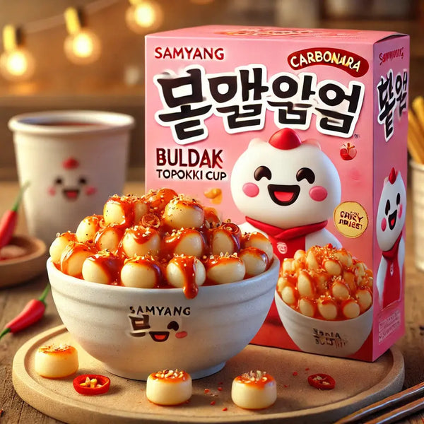 Samyang Ramen Buldak Topokki Carbo Cup, des ramen roses coréens ultra-crémeux, combinant le piquant du Hot Chicken Buldak et la douceur d’une sauce carbonara fondante ! À retrouver sur Bonbiz, ton American & Asian Market en ligne !