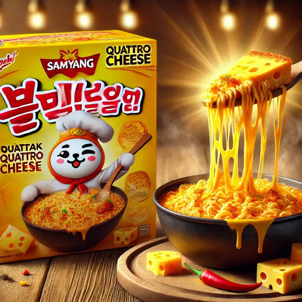 Samyang 4 Flavors Cheese Fire Chicken Noodle, des nouilles instantanées coréennes ultra-épicées, enrobées d’une sauce au poulet et fromage fondant ! À retrouver sur Bonbiz, ton American & Asian Market en ligne !