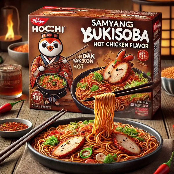 Samyang Ramen Hot Chicken Buldak Yakisoba, des nouilles sautées coréennes halal ultra-relevées, avec une sauce Hot Chicken Buldak intense et savoureuse ! À retrouver sur Bonbiz, ton American & Asian Market en ligne !