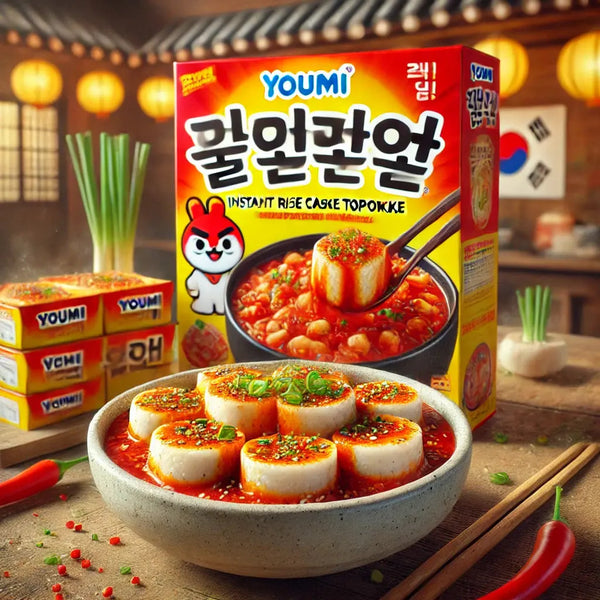 oumi Instant Rice Cake Topokki Original, des gâteaux de riz coréens moelleux baignés dans une sauce épicée relevée aux épices coréennes. À retrouver sur Bonbiz, ton American & Asian Market en ligne ! 