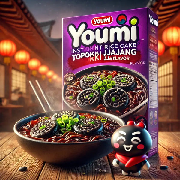 Youmi Instant Rice Cake Topokki Jjajang, des gâteaux de riz coréens chewy, baignés dans une sauce jjajang soja noire savoureuse et umami. À retrouver sur Bonbiz, ton American & Asian Market en ligne !