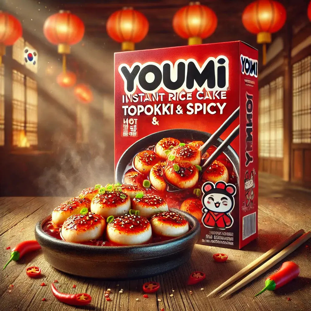 Youmi Instant Rice Cake Topokki Hot & Spicy, des gâteaux de riz coréens chewy dans une sauce pimentée ultra-relevée, parfaits pour un repas intense et savoureux ! À retrouver sur Bonbiz, ton American & Asian Market en ligne !