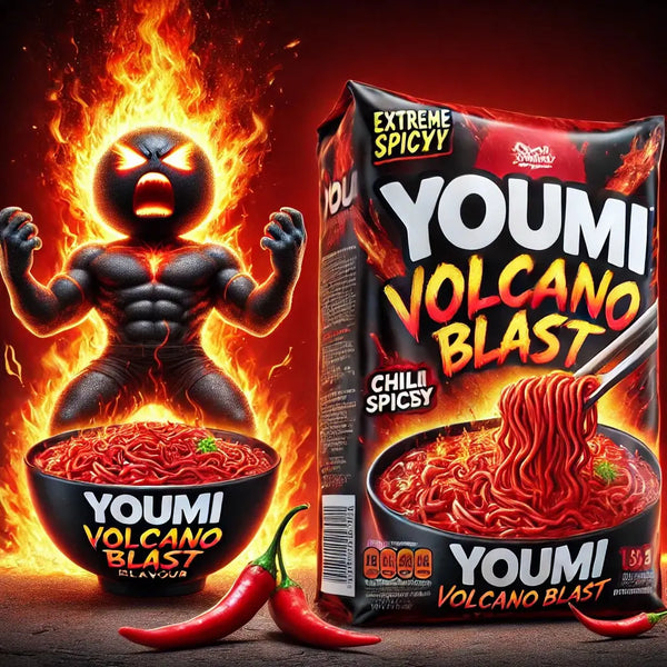 Youmi Instant Noodles Volcano Blast, des nouilles asiatiques ultra-épicées, avec une sauce volcanique qui fait monter la température ! À retrouver sur Bonbiz, ton American & Asian Market en ligne !