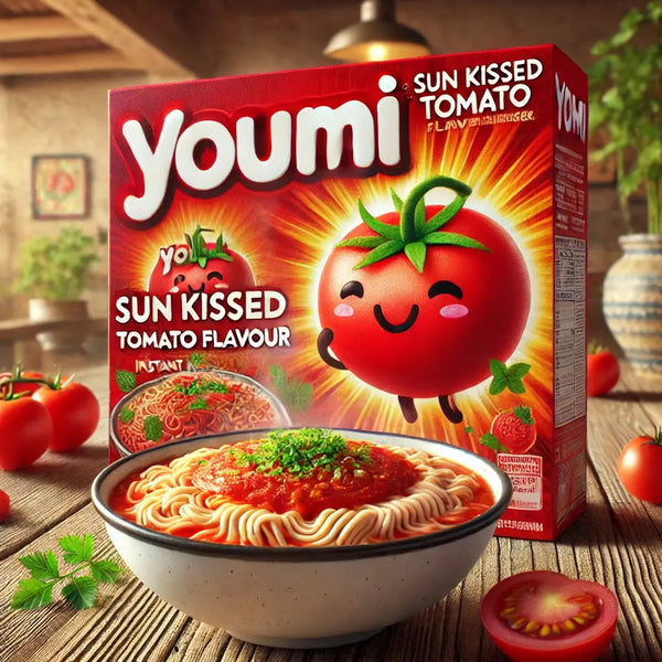 Youmi Instant Noodles Sun Kissed Tomato, des nouilles asiatiques parfumées à la tomate mûrie au soleil, idéales pour un repas léger et savoureux. À retrouver sur Bonbiz, ton American & Asian Market en ligne !