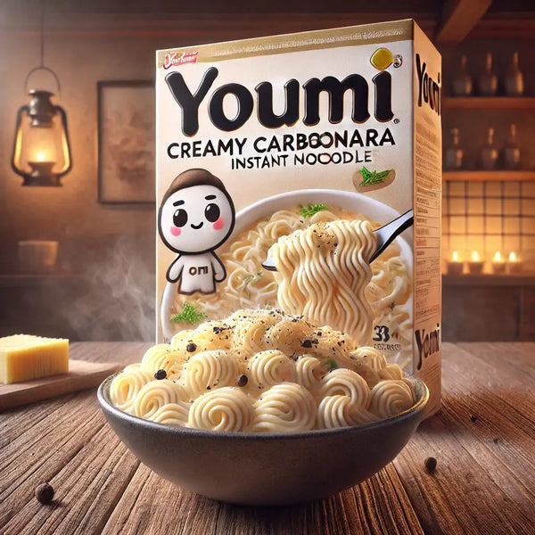 Youmi Instant Noodles Creamy Carbonara, des nouilles asiatiques ultra-crémeuses façon carbonara, parfaites pour une explosion de saveurs. À retrouver sur Bonbiz, ton American & Asian Market en ligne !