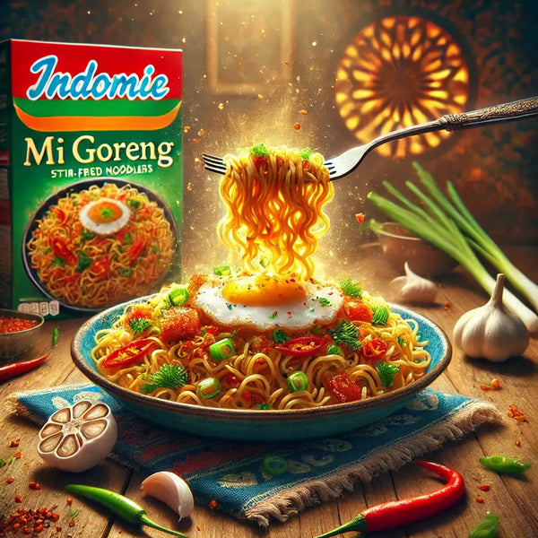 Indomie Mi Goreng Instant Noodles, des nouilles sautées instantanées à la sauce sucrée et épicée, prêtes en quelques minutes. À retrouver sur Bonbiz, ton American & Asian Market en ligne !