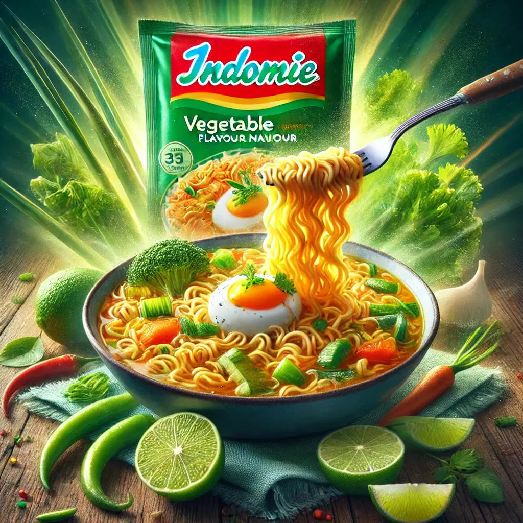 Indomie Instant Noodles Vegetable Flavour, des nouilles asiatiques savoureuses au goût de légumes, prêtes en quelques minutes pour un repas rapide et délicieux. À retrouver sur Bonbiz, ton American & Asian Market en ligne !