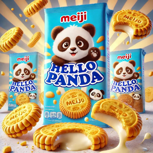 Meiji Hello Panda Milk, des biscuits japonais croquants en forme de panda, garnis d’une crème onctueuse au lait. Un snack réconfortant à retrouver sur Bonbiz, ton American & Asian Market en ligne !