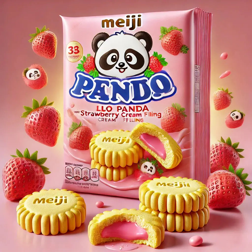 Meiji Hello Panda Strawberry, des biscuits japonais croquants en forme de panda, garnis d’une crème onctueuse à la fraise. Idéal pour la Saint-Valentin, à retrouver sur Bonbiz, ton American & Asian Market en ligne !
