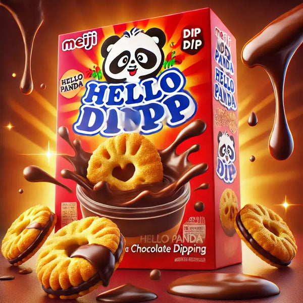 Meiji Hello Panda Dip Dip Chocolate, un snack japonais fun avec des biscuits panda croustillants à tremper dans une crème au chocolat onctueuse. À retrouver sur Bonbiz, ton American & Asian Market en ligne !