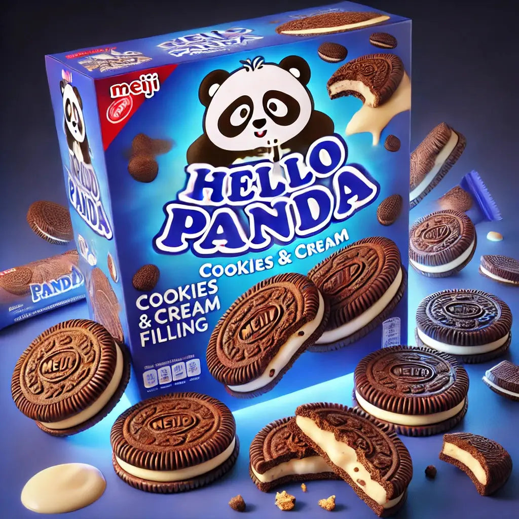 Meiji Hello Panda Cookie and Cream, des biscuits japonais croquants en forme de panda, garnis d’un cœur fondant à la crème vanillée et aux éclats de cookies. À retrouver sur Bonbiz, ton American & Asian Market en ligne !