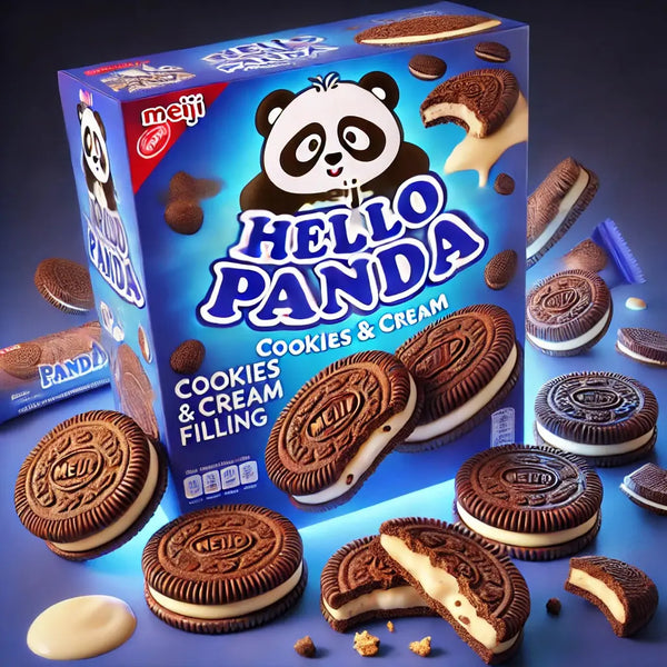 Meiji Hello Panda Cookie and Cream, des biscuits japonais croquants en forme de panda, garnis d’un cœur fondant à la crème vanillée et aux éclats de cookies. À retrouver sur Bonbiz, ton American & Asian Market en ligne !