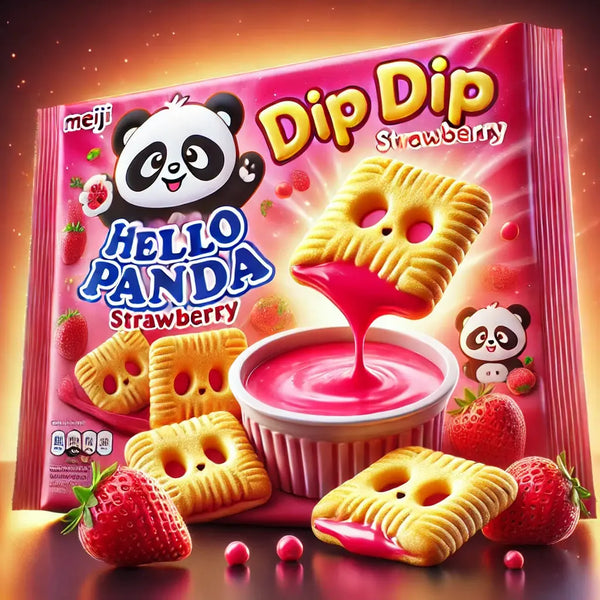 Meiji Hello Panda Dip Dip Strawberry, un snack japonais ludique avec des biscuits croustillants en forme de panda et une crème fondante à la fraise. Disponible sur Bonbiz, ton American & Asian Market en ligne ! 